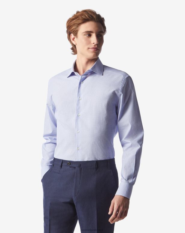 2200J236 homens Corneliani camisa de algodão micro xadrez azul claro roupas