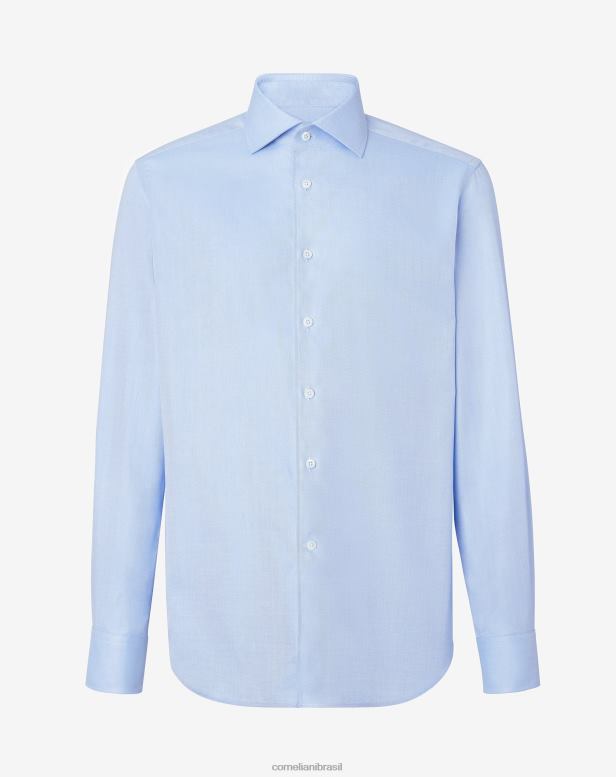 2200J239 homens Corneliani camisa de algodão espinha de peixe azul claro roupas