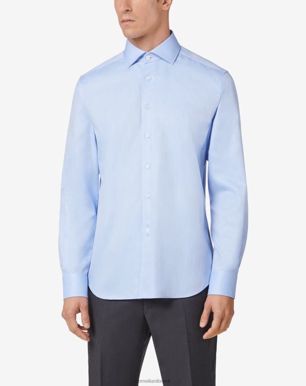 2200J239 homens Corneliani camisa de algodão espinha de peixe azul claro roupas