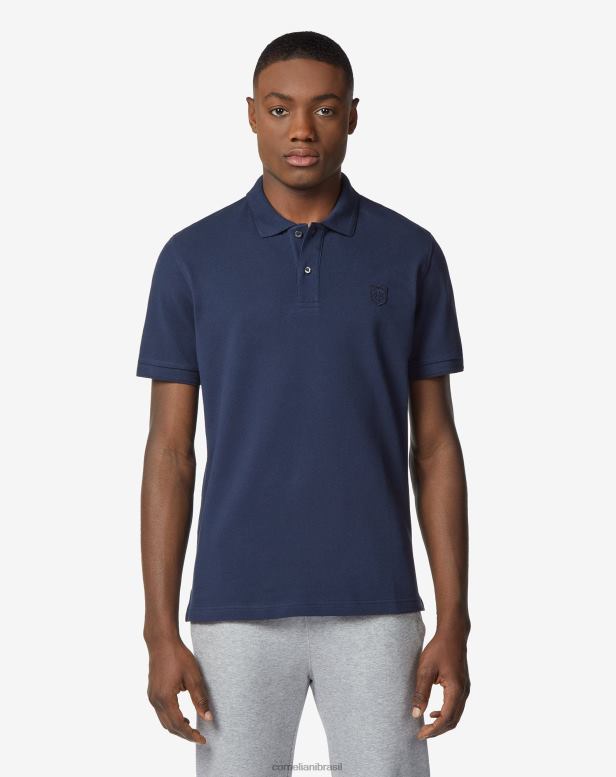 2200J240 homens Corneliani polo piquet algodão com crista azul-marinho roupas