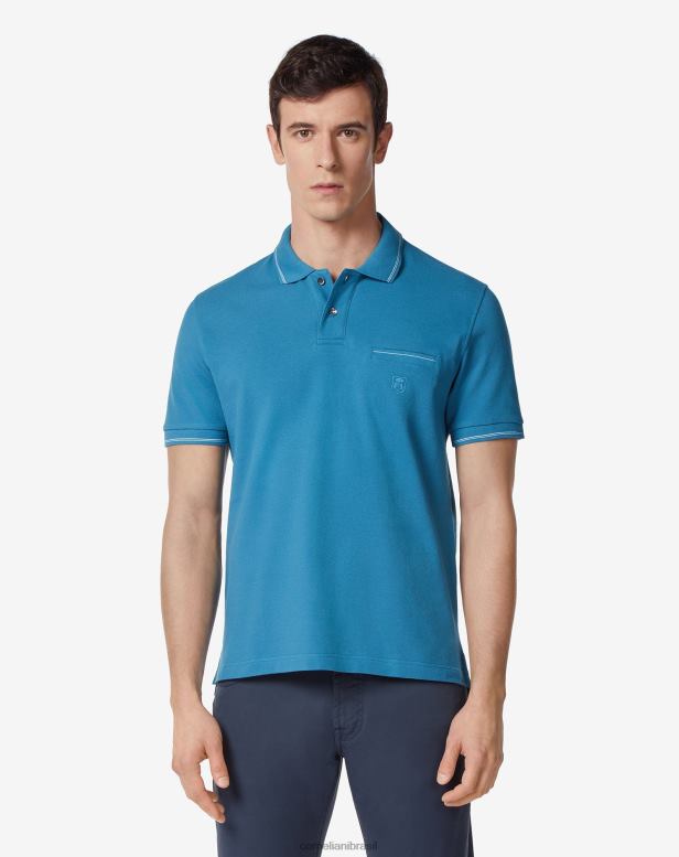 2200J244 homens Corneliani polo com ponta em piquet de algodão céu azul roupas