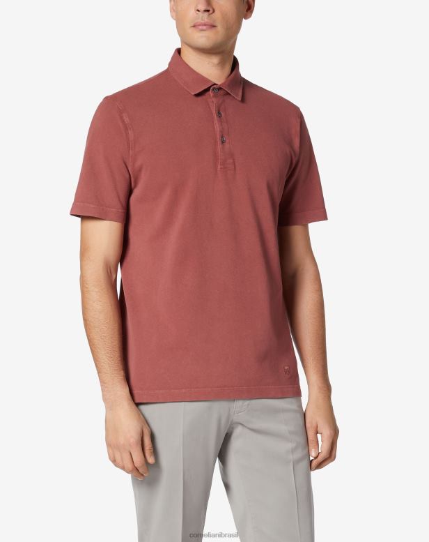 2200J245 homens Corneliani camisa pólo abotoada em piquê lavado vermelho roupas