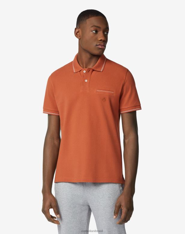 2200J246 homens Corneliani polo com ponta em piquet de algodão Sienna queimado roupas