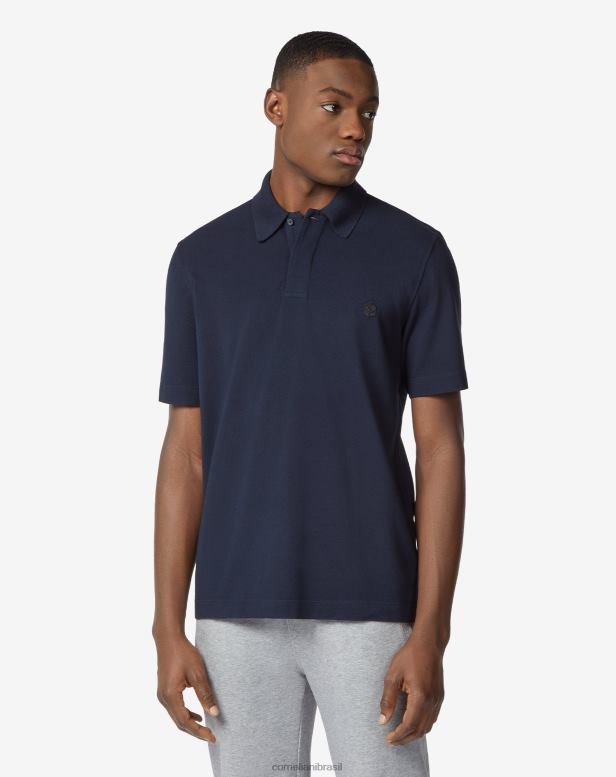 2200J247 homens Corneliani polo em piquê de algodão sustentável azul-marinho roupas