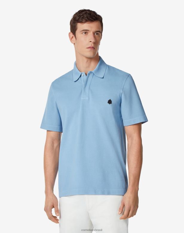 2200J250 homens Corneliani polo em piquê de algodão sustentável céu azul roupas