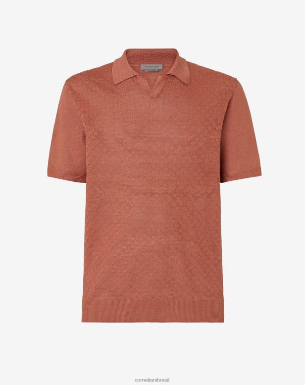 2200J254 homens Corneliani polo de linho com decote em V Sienna queimado roupas