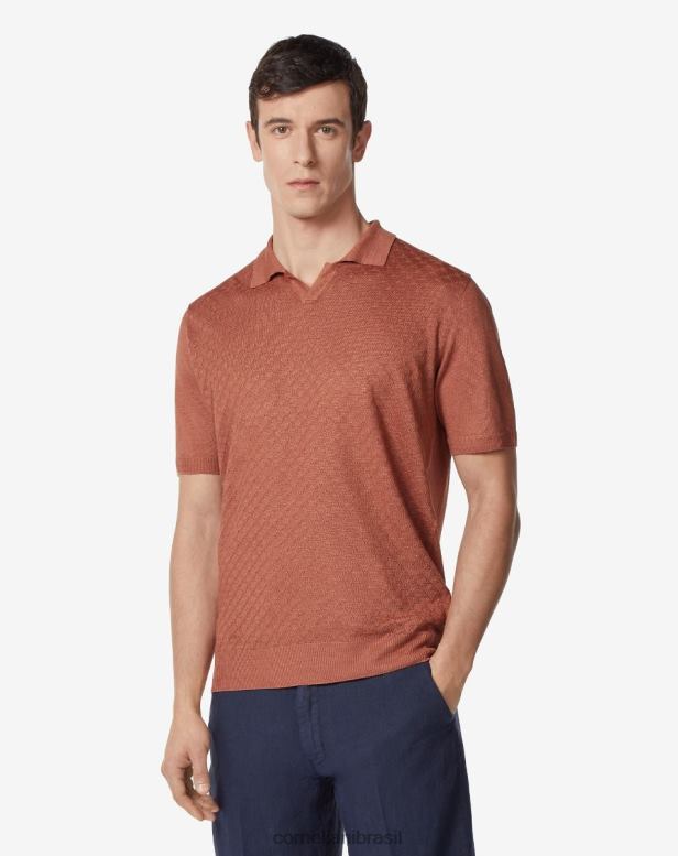 2200J254 homens Corneliani polo de linho com decote em V Sienna queimado roupas
