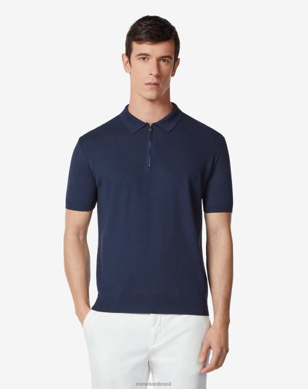 2200J257 homens Corneliani Polo manga curta com zíper em algodão pima azul-marinho roupas