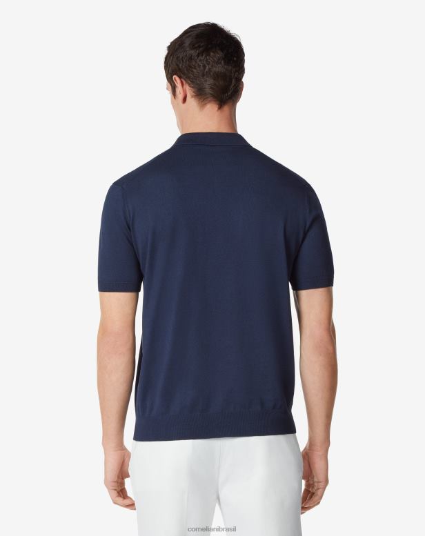 2200J257 homens Corneliani Polo manga curta com zíper em algodão pima azul-marinho roupas