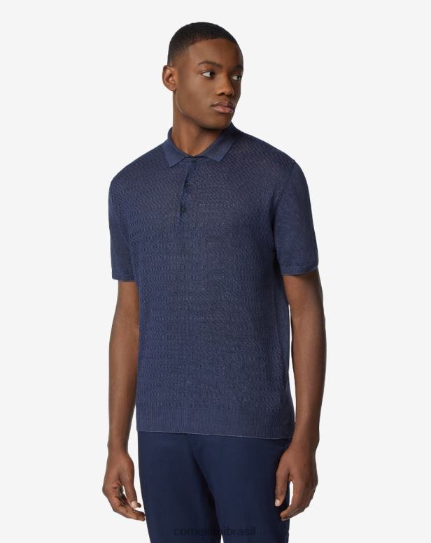 2200J260 homens Corneliani polo manga curta em linho azul-marinho roupas