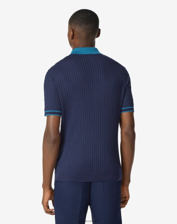 2200J261 homens Corneliani polo manga curta em algodão e seda azul roupas