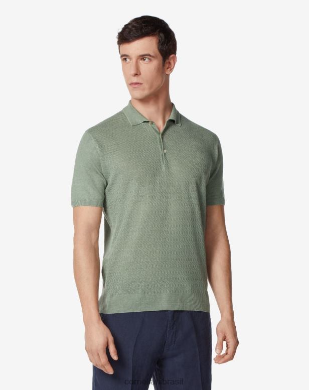 2200J262 homens Corneliani polo manga curta em linho verde roupas