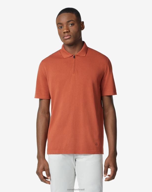2200J267 homens Corneliani polo ultraleve de algodão com zíper Sienna queimado roupas