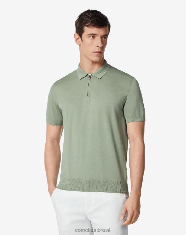2200J268 homens Corneliani polo ultraleve de algodão com zíper verde roupas
