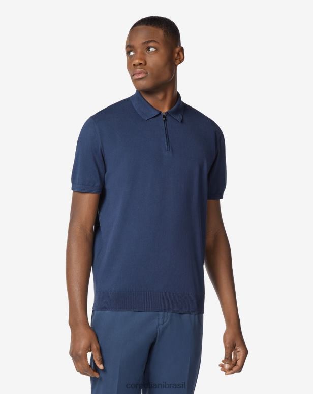 2200J270 homens Corneliani polo ultraleve de algodão com zíper azul-marinho roupas