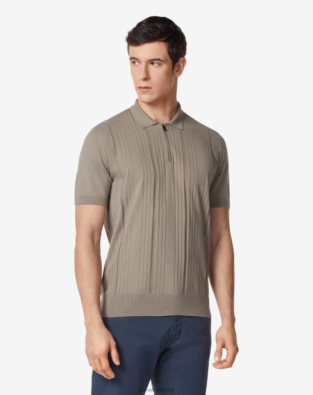 2200J271 homens Corneliani polo canelada de algodão ultraleve com zíper marrom roupas