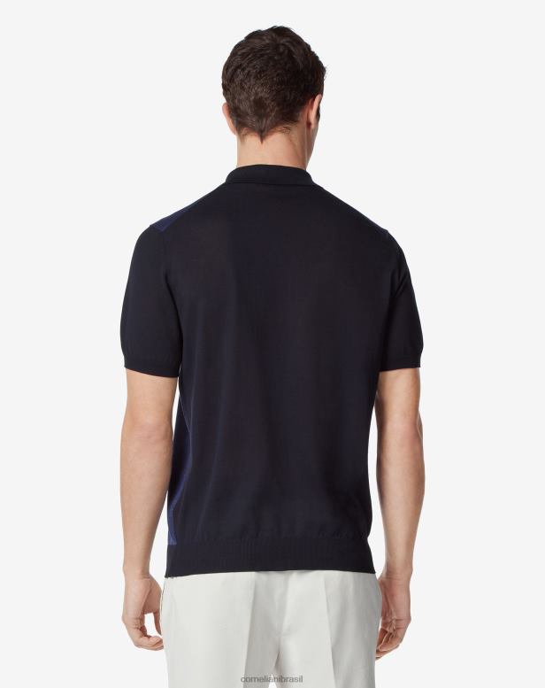 2200J274 homens Corneliani polo ultraleve com zíper e mistura de algodão azul claro roupas