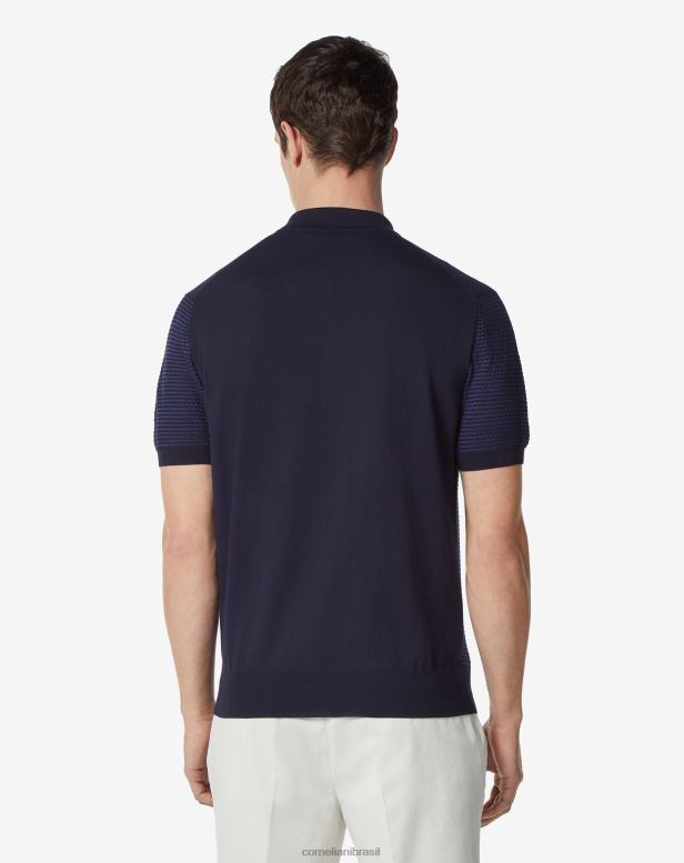 2200J275 homens Corneliani polo ultraleve com zíper e mistura de algodão azul claro roupas