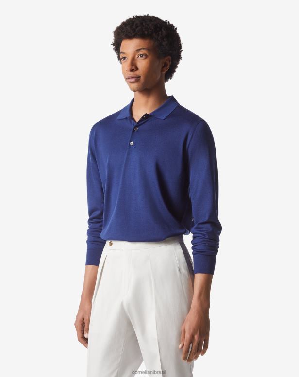 2200J278 homens Corneliani camisa pólo de algodão ultraleve azul claro roupas