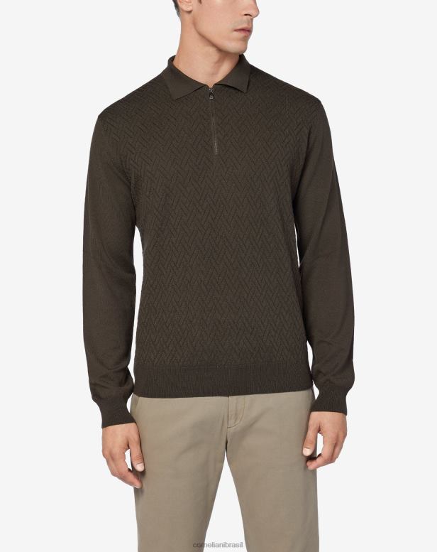 2200J281 homens Corneliani polo de lã merino com costura em relevo verde roupas