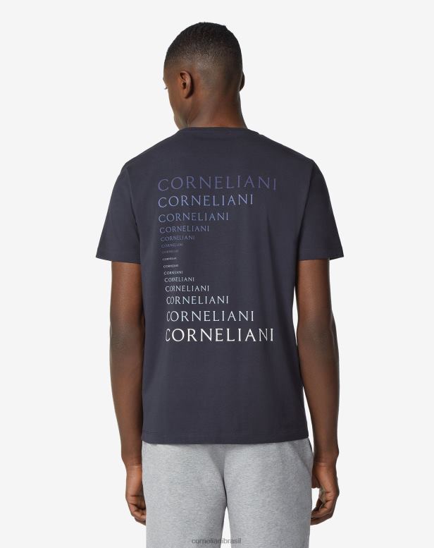 2200J284 homens Corneliani camiseta de algodão stretch com gola redonda azul-marinho roupas