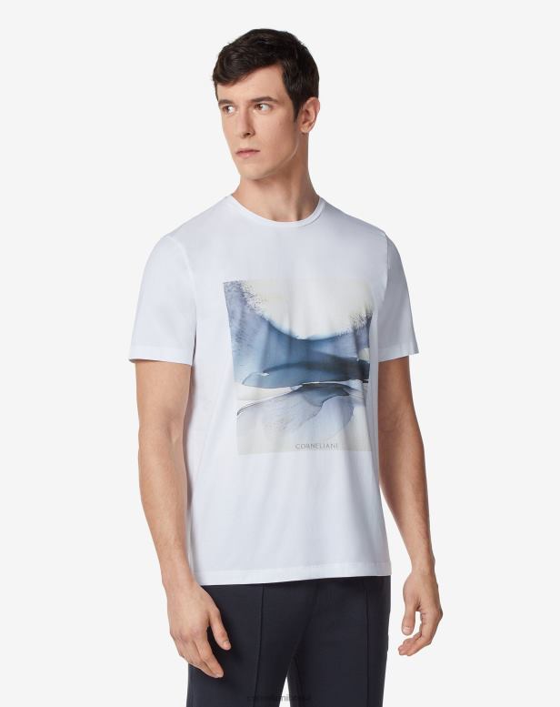 2200J287 homens Corneliani camiseta de algodão com gola redonda e estampa branco roupas