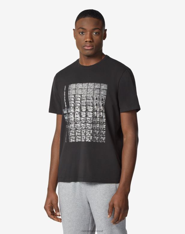 2200J288 homens Corneliani camiseta de algodão com gola redonda e estampa preto roupas