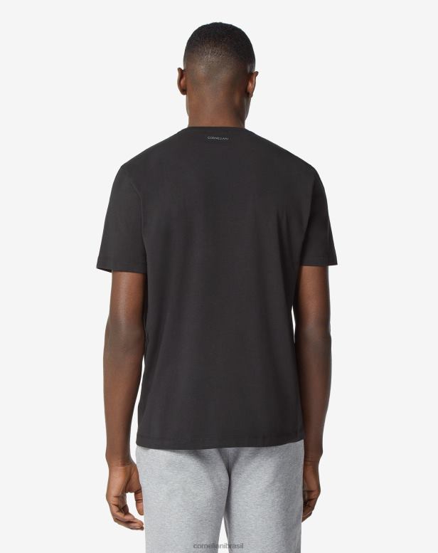 2200J288 homens Corneliani camiseta de algodão com gola redonda e estampa preto roupas