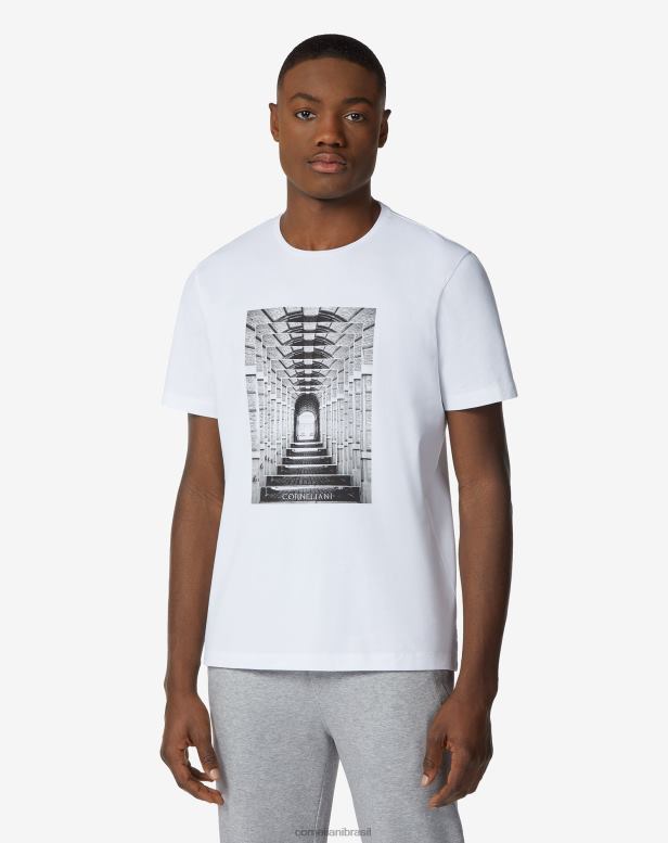 2200J289 homens Corneliani camiseta de algodão com gola redonda e estampa branco roupas