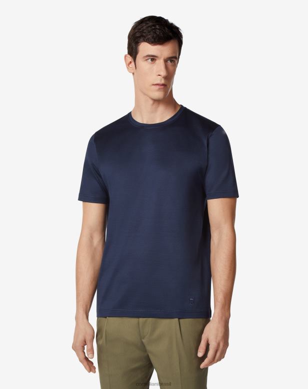 2200J298 homens Corneliani camiseta lisle algodão com gola redonda azul-marinho roupas