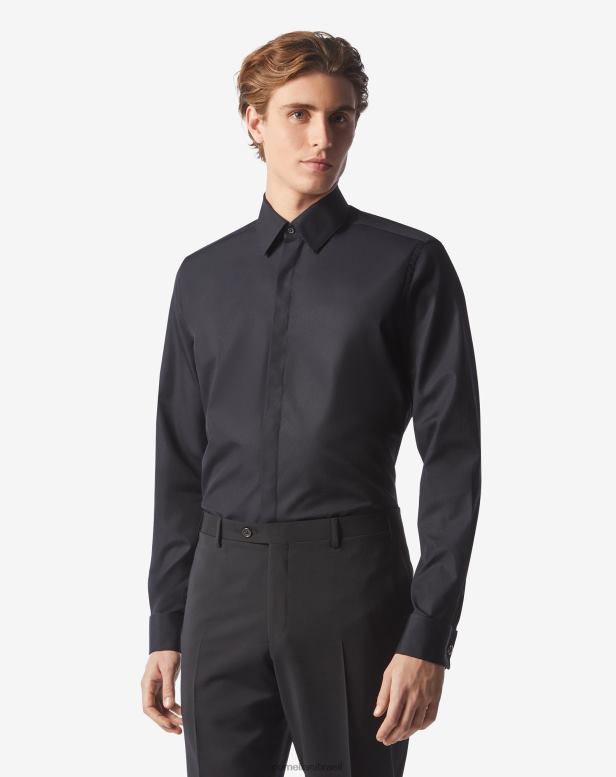 2200J31 homens Corneliani camisa de noite em popelina de algodão preto roupas
