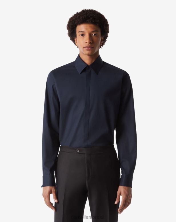 2200J32 homens Corneliani camisa de noite em popelina de algodão azul-marinho roupas
