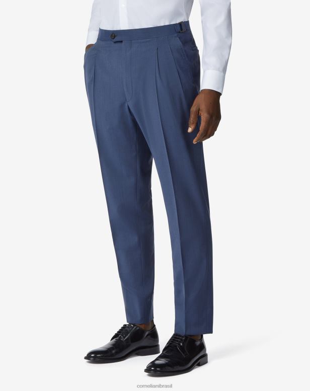 2200J324 homens Corneliani calças de lã s120s com duas pregas azul roupas