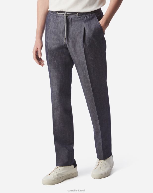 2200J327 homens Corneliani calça jogger de lã e linho melange azul roupas