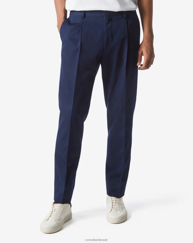 2200J333 homens Corneliani calças de algodão orgânico com uma prega azul roupas