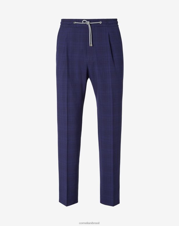 2200J334 homens Corneliani calça jogger de lã s130s com uma prega azul roupas