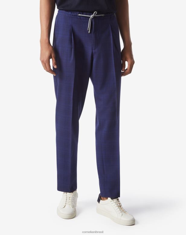 2200J334 homens Corneliani calça jogger de lã s130s com uma prega azul roupas