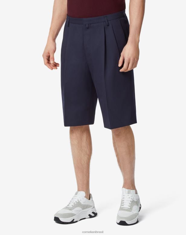 2200J338 homens Corneliani shorts de lã pura com duas pregas azul-marinho roupas
