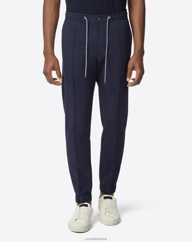 2200J343 homens Corneliani calça jogger de lã com cordão plissado azul-marinho roupas