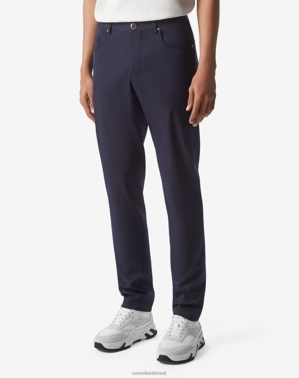 2200J344 homens Corneliani calça de 5 bolsos em tecido techwool azul-marinho roupas