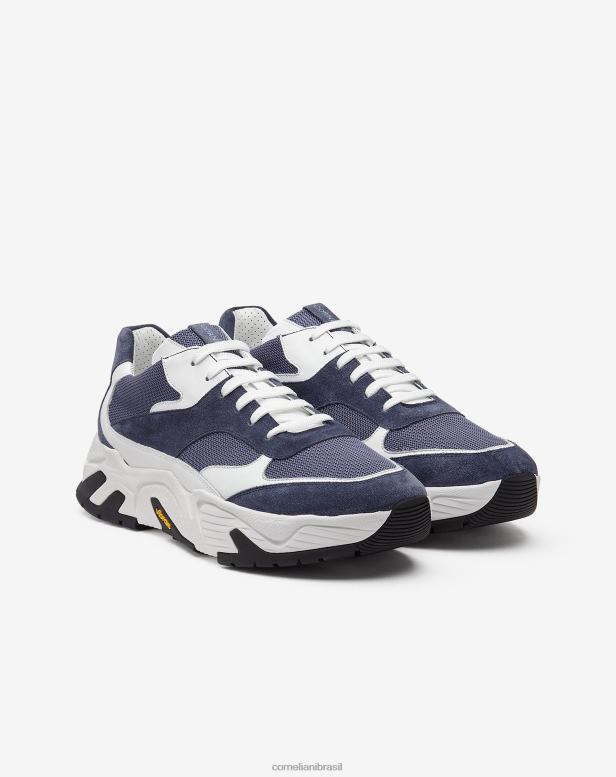 2200J412 homens Corneliani tênis de couro com tecido técnico azul sapato