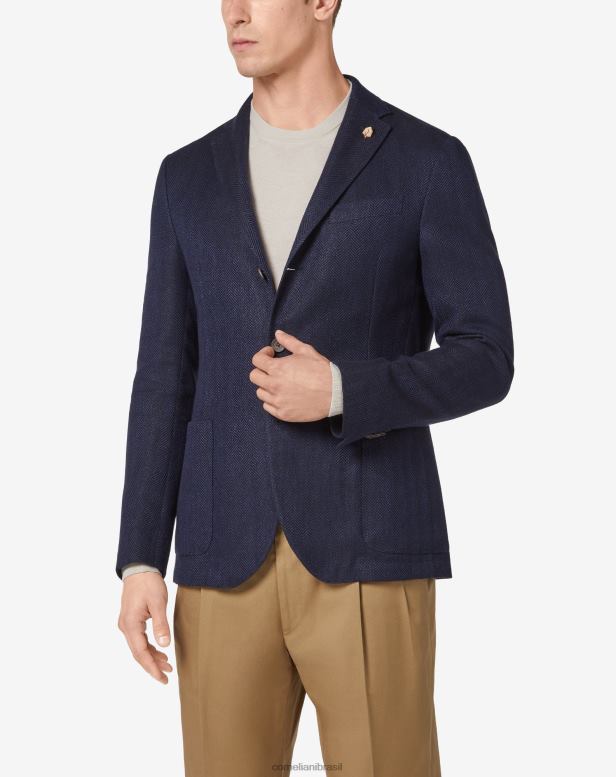 2200J48 homens Corneliani jaqueta de algodão e linho com dois botões azul roupas