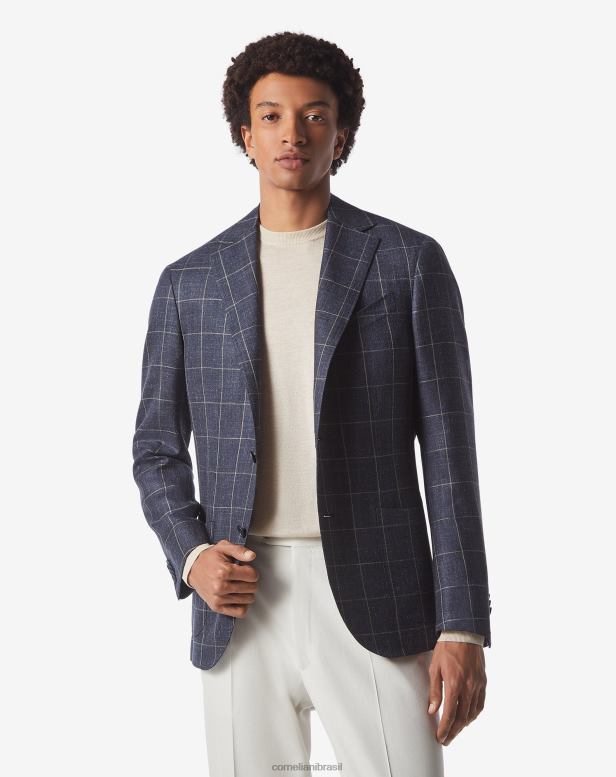 2200J67 homens Corneliani jaqueta de lã e linho com dois botões azul escuro roupas