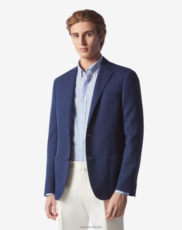 2200J72 homens Corneliani jaqueta de dois botões de algodão e caxemira azul roupas