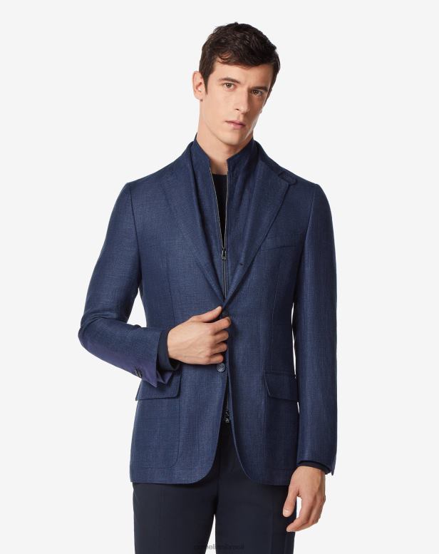 2200J73 homens Corneliani jaqueta de linho e lã com três botões azul roupas