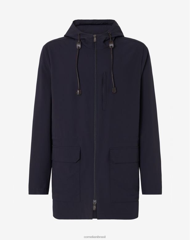 2200J92 homens Corneliani parka com capuz em tecido techwool azul-marinho roupas