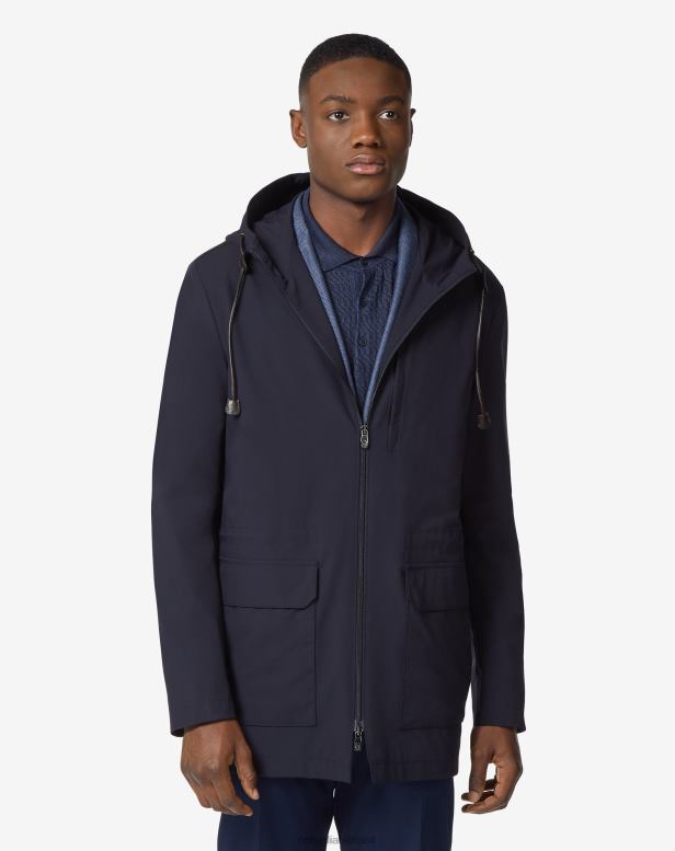 2200J92 homens Corneliani parka com capuz em tecido techwool azul-marinho roupas