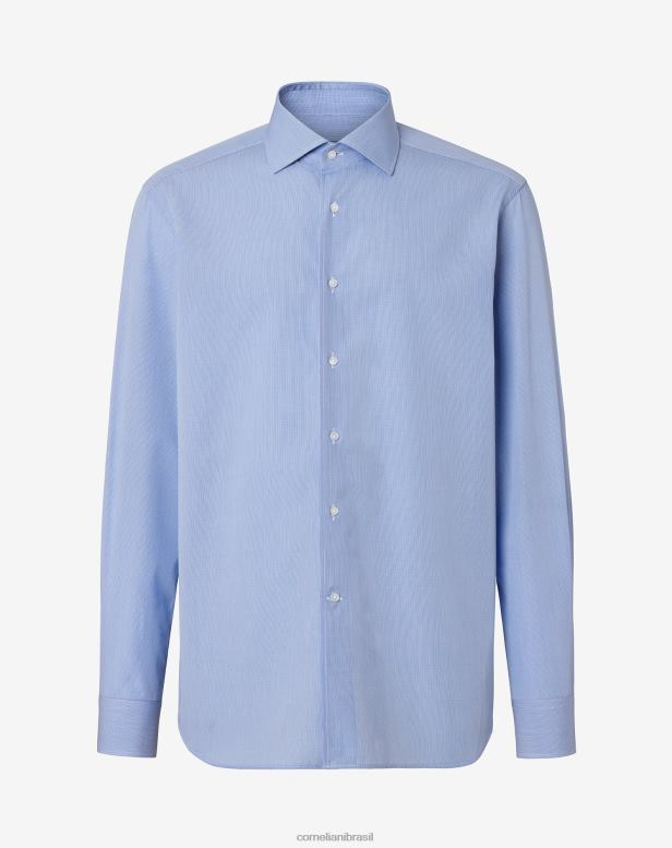 2200J177 homens Corneliani camisa de popeline de algodão com micro listras azul roupas