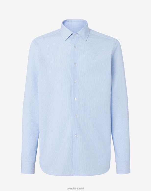 2200J185 homens Corneliani camisa de popeline de algodão com micro listras azul claro roupas