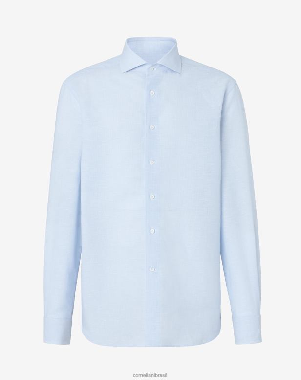 2200J192 homens Corneliani camisa de linho e algodão com estampa azul roupas